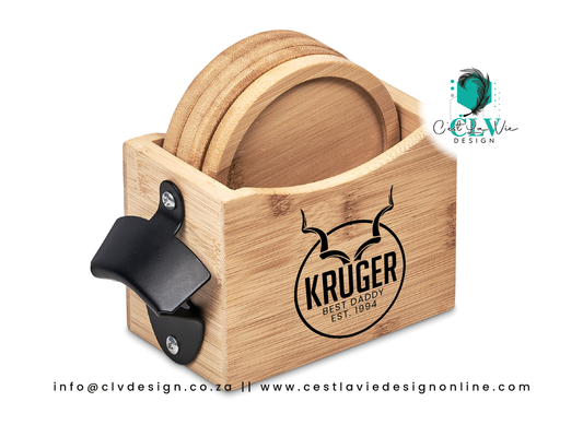 BAMBOO COASTERS AND BOTTLE OPENER SET