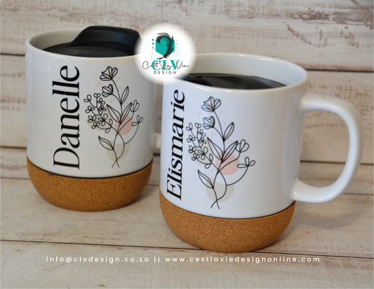 COFFEE MUG WITH CORK BASE AND PLASTIC LID