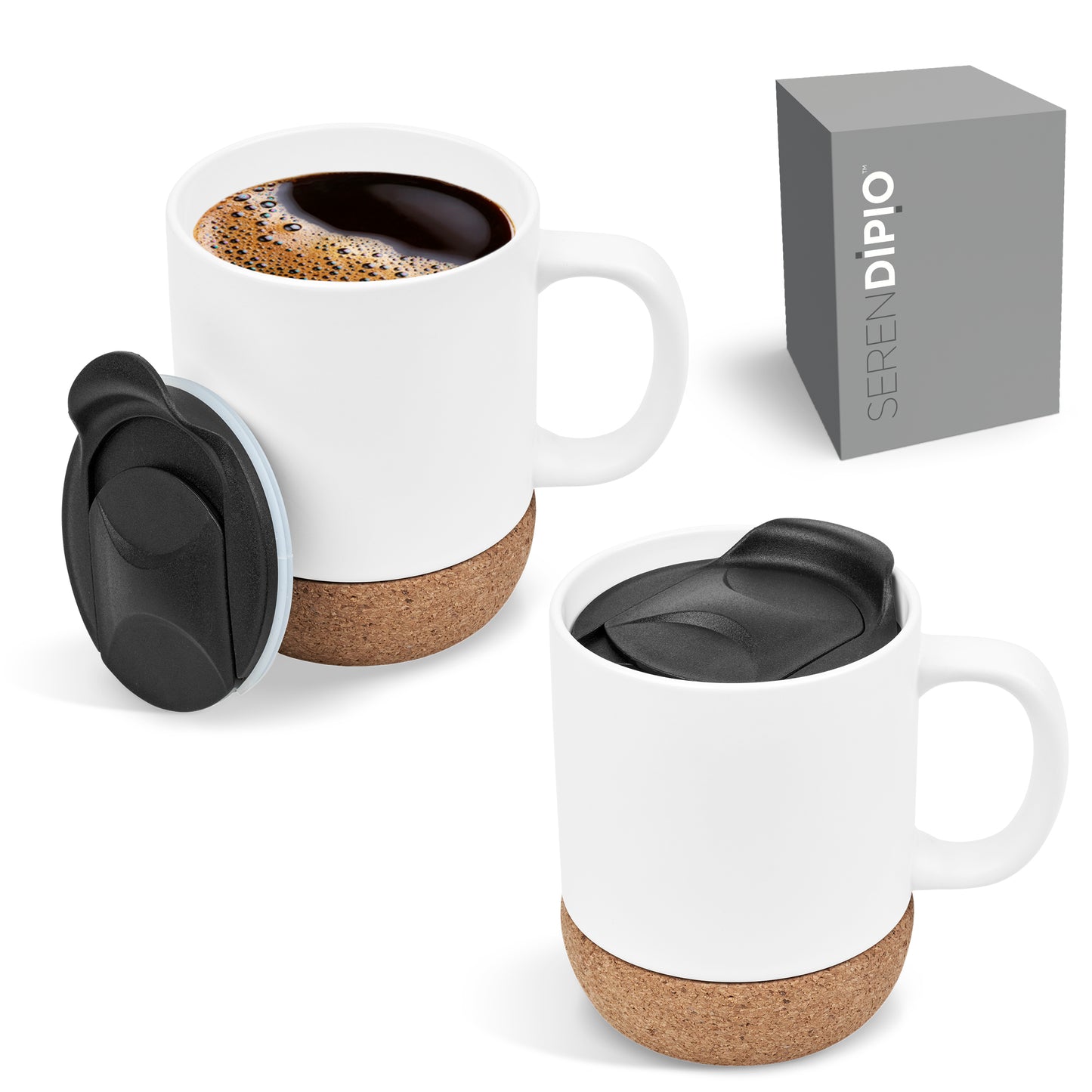 COFFEE MUG WITH CORK BASE AND PLASTIC LID