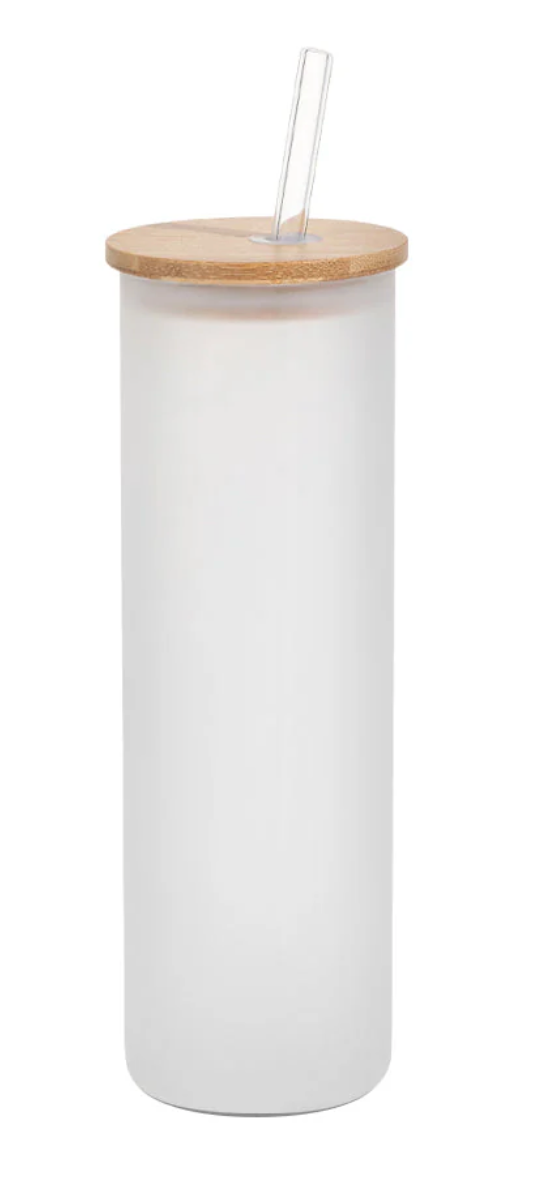 FROSTED GLASS SKINNY TUMBLER WITH BAMBOO LID - 600ML