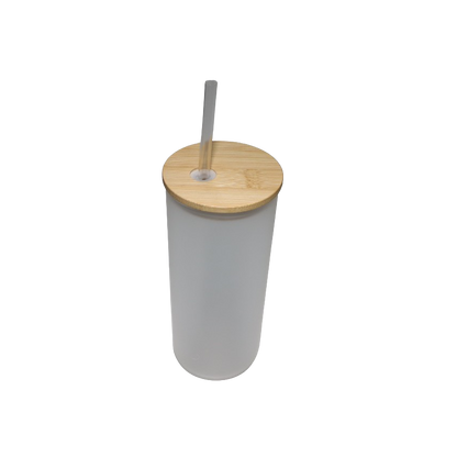 FROSTED GLASS SKINNY TUMBLER WITH BAMBOO LID - 600ML