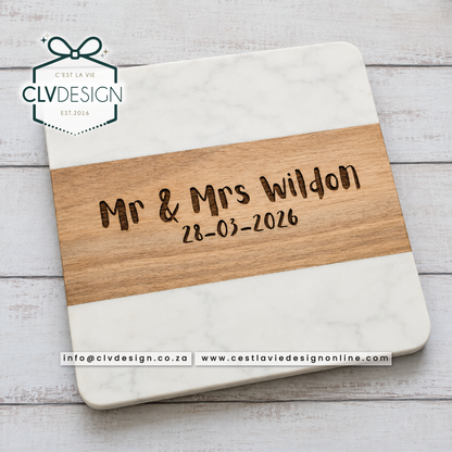 PERSONALISED MARBLE AND ACACIA WOOD CUTTING BOARD (DIFFERENT SHAPES)