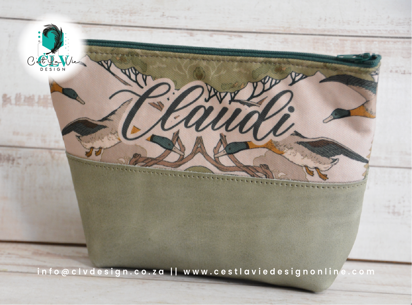 GENUINE LEATHER HALF LEATHER, HALF PRINT MAKEUP BAG