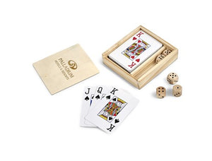 NATURAL WOOD BOX WITH DECK OF CARDS AND DICE