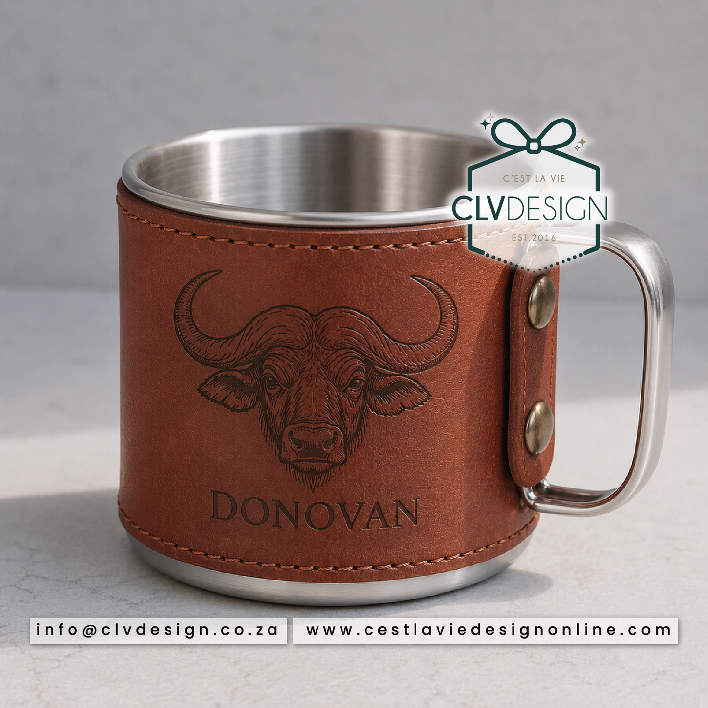 STAINLESS STEEL MUG WITH LEATHER WRAP