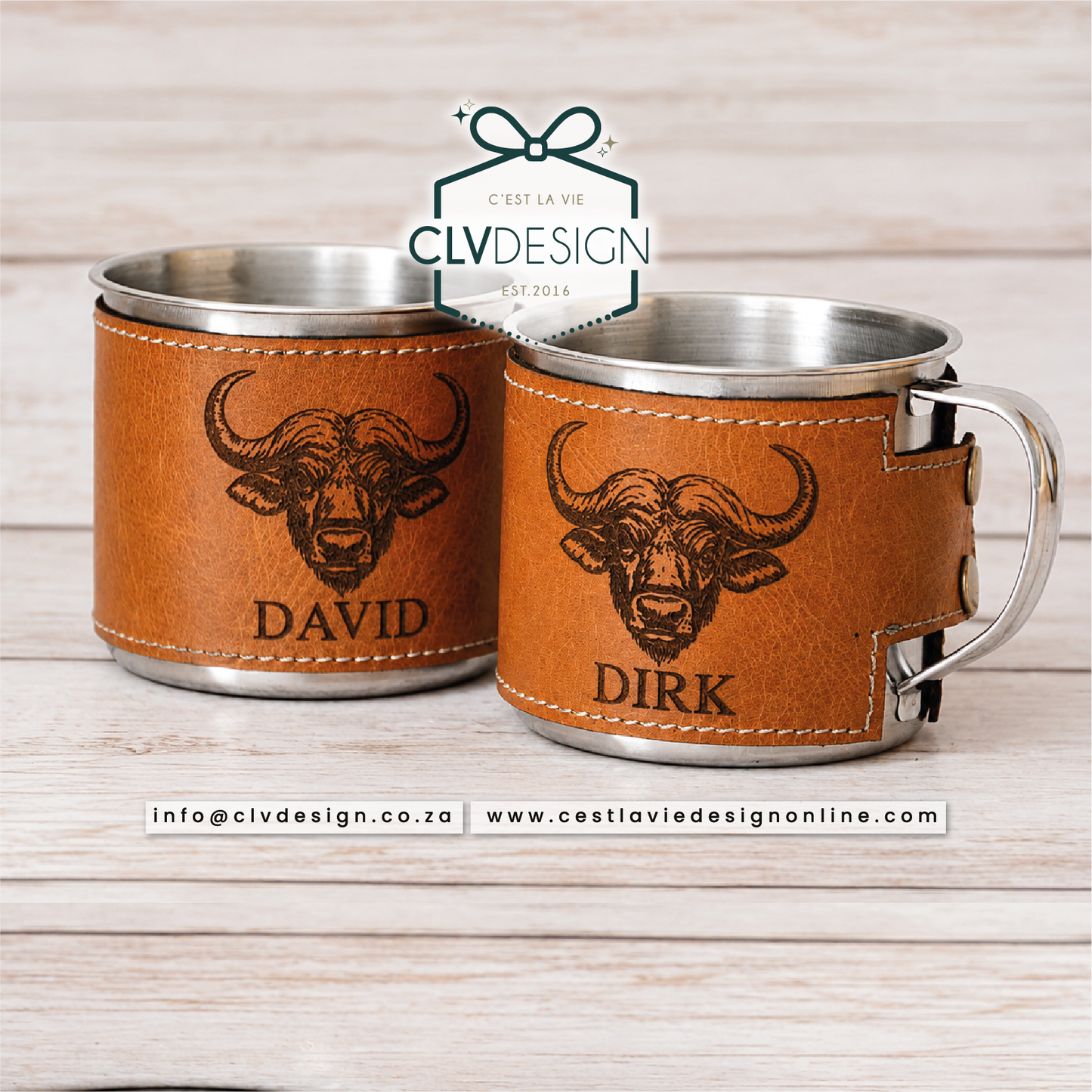 PERSONALISED STAINLESS STEEL MUG WITH LEATHER WRAP
