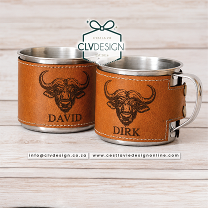 PERSONALISED STAINLESS STEEL MUG WITH LEATHER WRAP