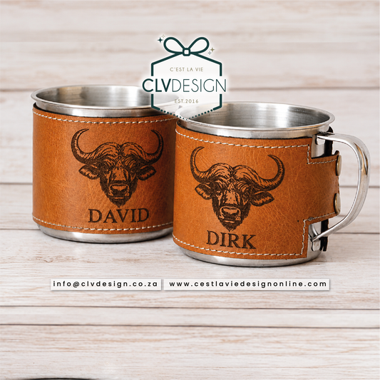 PERSONALISED STAINLESS STEEL MUG WITH LEATHER WRAP