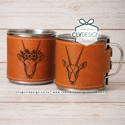 PERSONALISED STAINLESS STEEL MUG WITH LEATHER WRAP