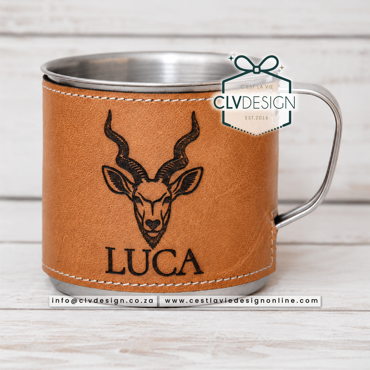 PERSONALISED STAINLESS STEEL MUG WITH LEATHER WRAP