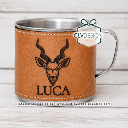 PERSONALISED STAINLESS STEEL MUG WITH LEATHER WRAP