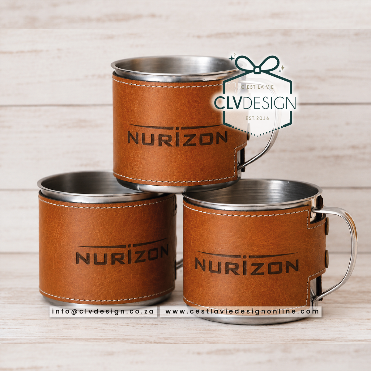 PERSONALISED STAINLESS STEEL MUG WITH LEATHER WRAP