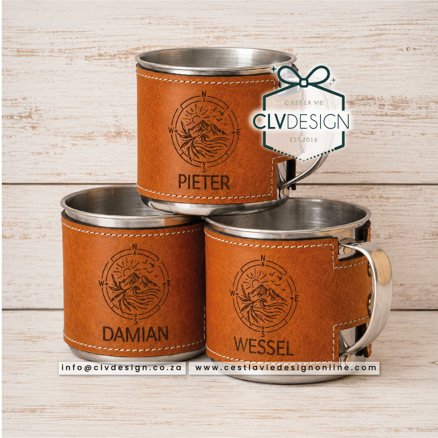 PERSONALISED STAINLESS STEEL MUG WITH LEATHER WRAP