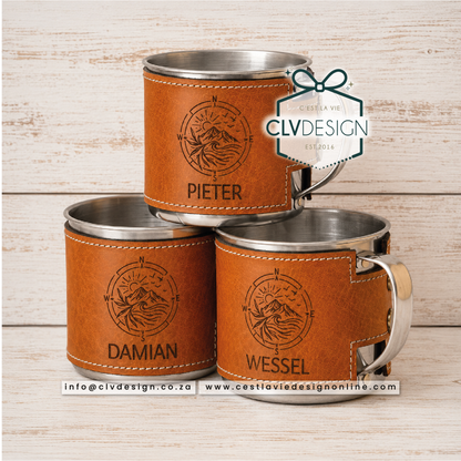PERSONALISED STAINLESS STEEL MUG WITH LEATHER WRAP