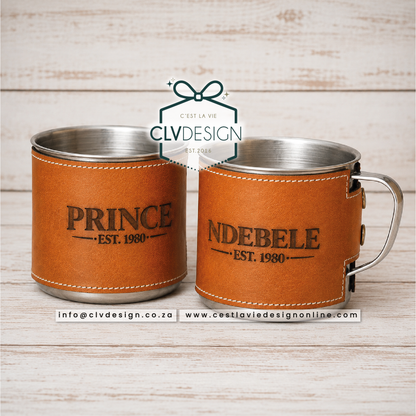 PERSONALISED STAINLESS STEEL MUG WITH LEATHER WRAP