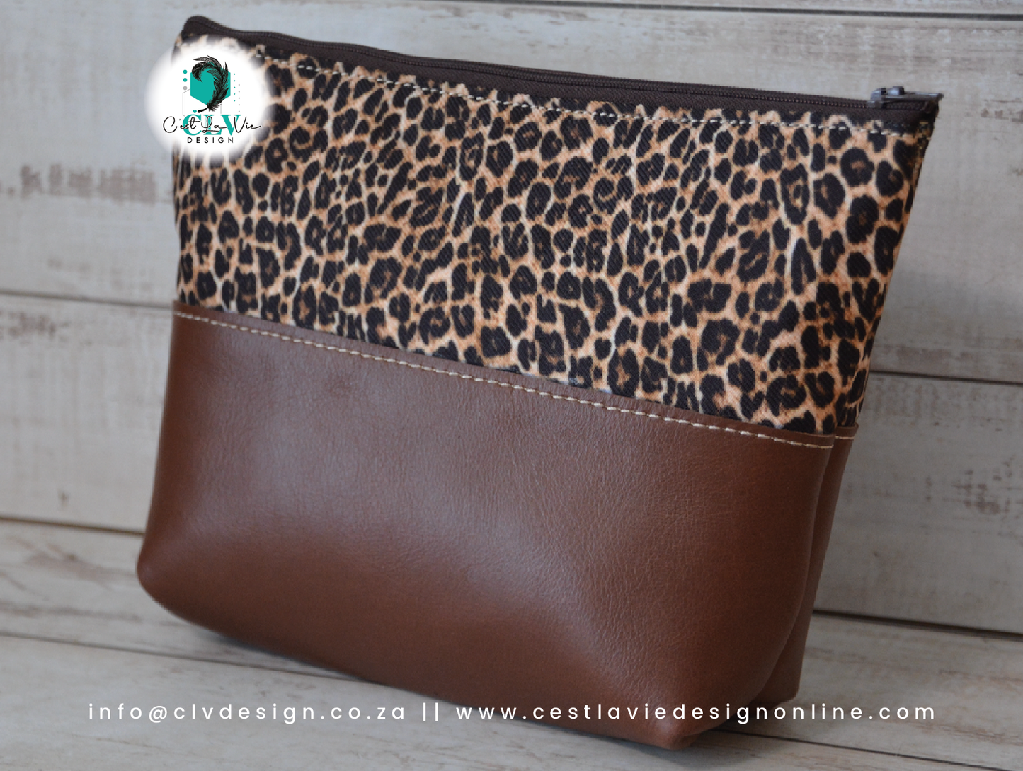 GENUINE LEATHER HALF LEATHER, HALF PRINT MAKEUP BAG