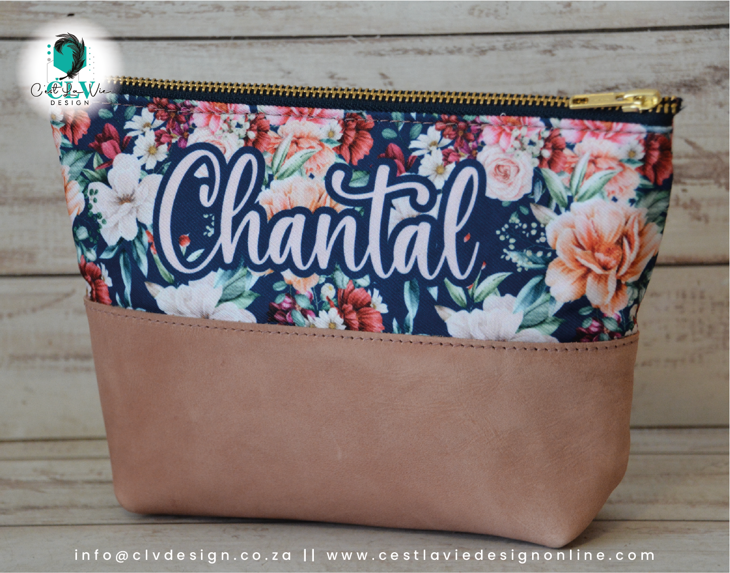 GENUINE LEATHER HALF LEATHER, HALF PRINT MAKEUP BAG