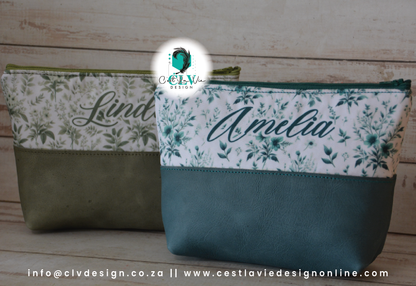 GENUINE LEATHER HALF LEATHER, HALF PRINT MAKEUP BAG
