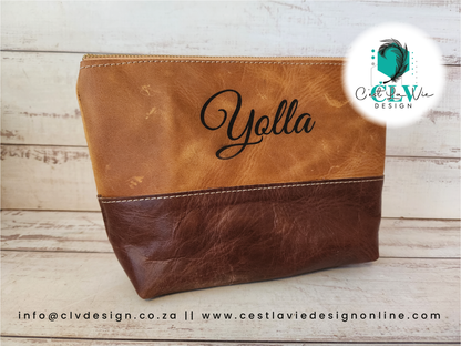 HALFWAY STITCHED GENUINE LEATHER COSMETIC BAG