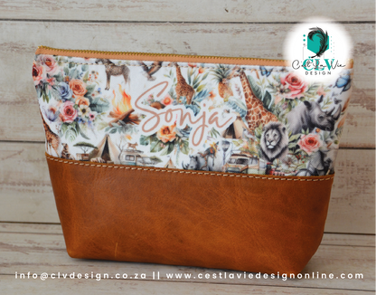 GENUINE LEATHER HALF LEATHER, HALF PRINT MAKEUP BAG