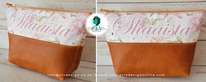 GENUINE LEATHER HALF LEATHER, HALF PRINT MAKEUP BAG