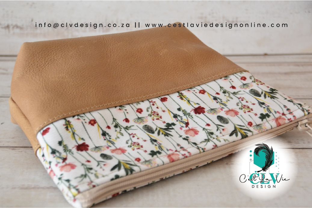 GENUINE LEATHER HALF LEATHER, HALF PRINT MAKEUP BAG