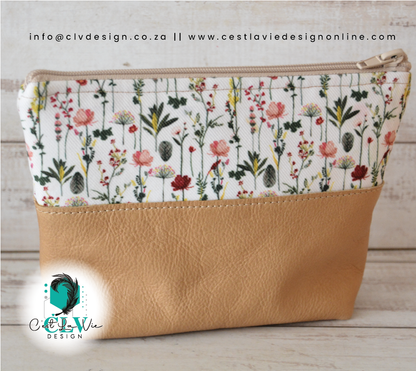 GENUINE LEATHER HALF LEATHER, HALF PRINT MAKEUP BAG