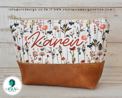 GENUINE LEATHER HALF LEATHER, HALF PRINT MAKEUP BAG